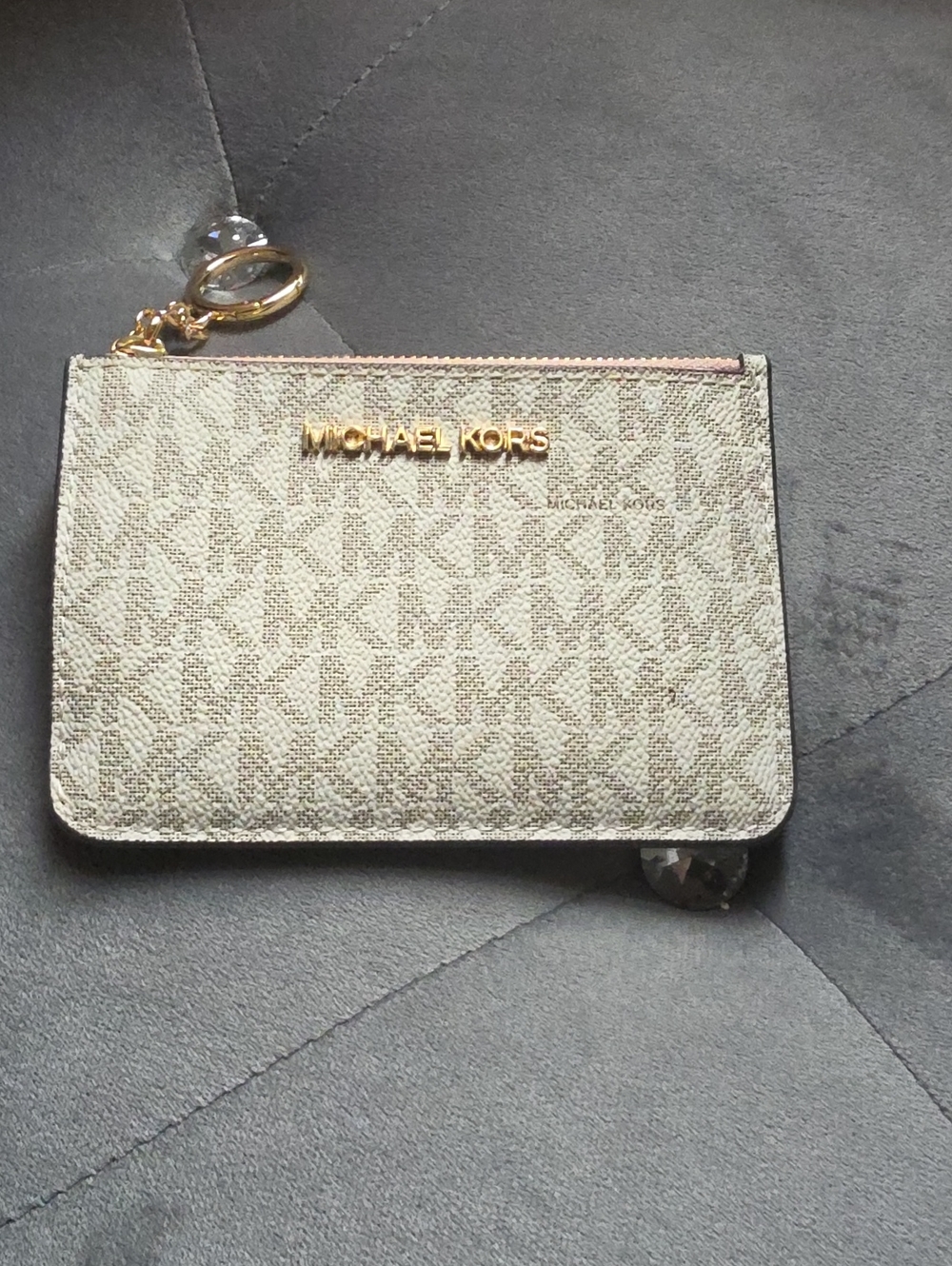 Michael Kors Beige Signature Monogram Zip Card Holder with Gold Hardware
